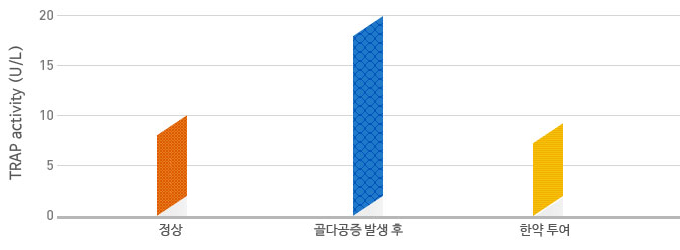 난소를 제거한 쥐에게 연골보강환을 투여한 결과 혈청 속 골다공증 유발인자가 줄어든 그래프